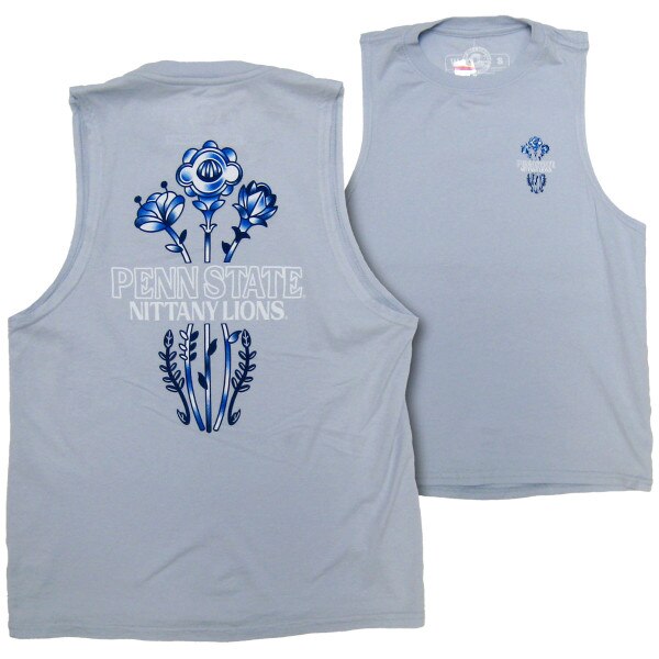 women's denim blue tank top with Penn State Nittany Lions and flower graphics on back, small version on left chest